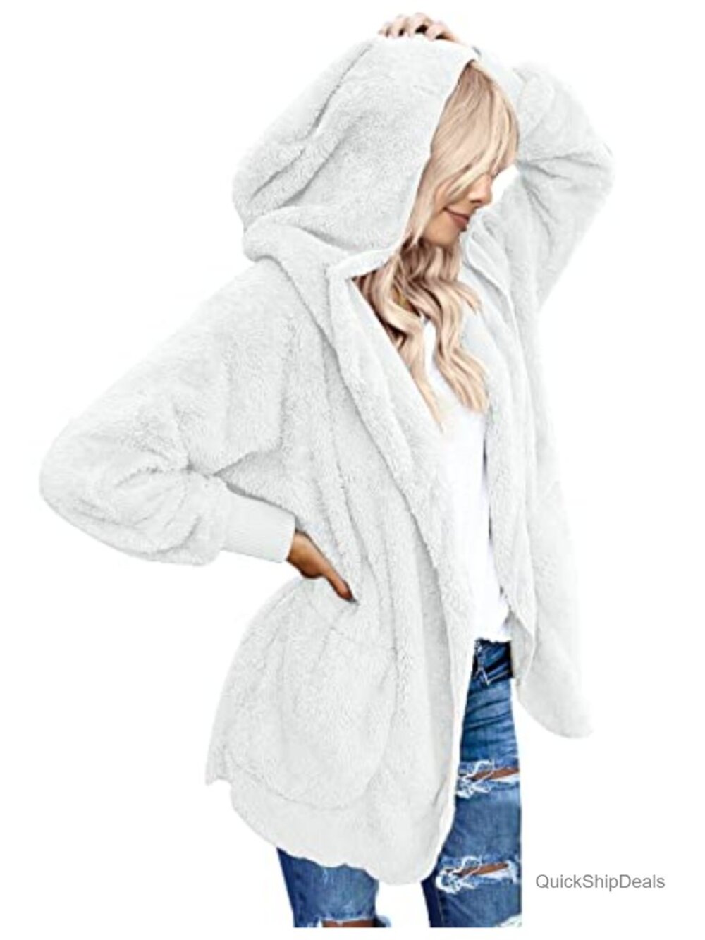 Oversized Open Front Fleece Hooded Cardigan with Pockets Jacket